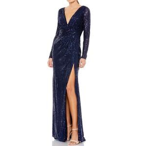 Ieena for Mac Duggal 2649 Dress Sequined Long Sleeve Gown  Midnight Blue NWT 6